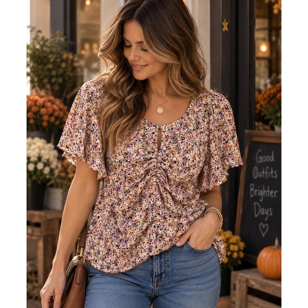 ASTR the Label Floral Ruched Front V-Neck Flutter Sleeve Blouse Multicolor M